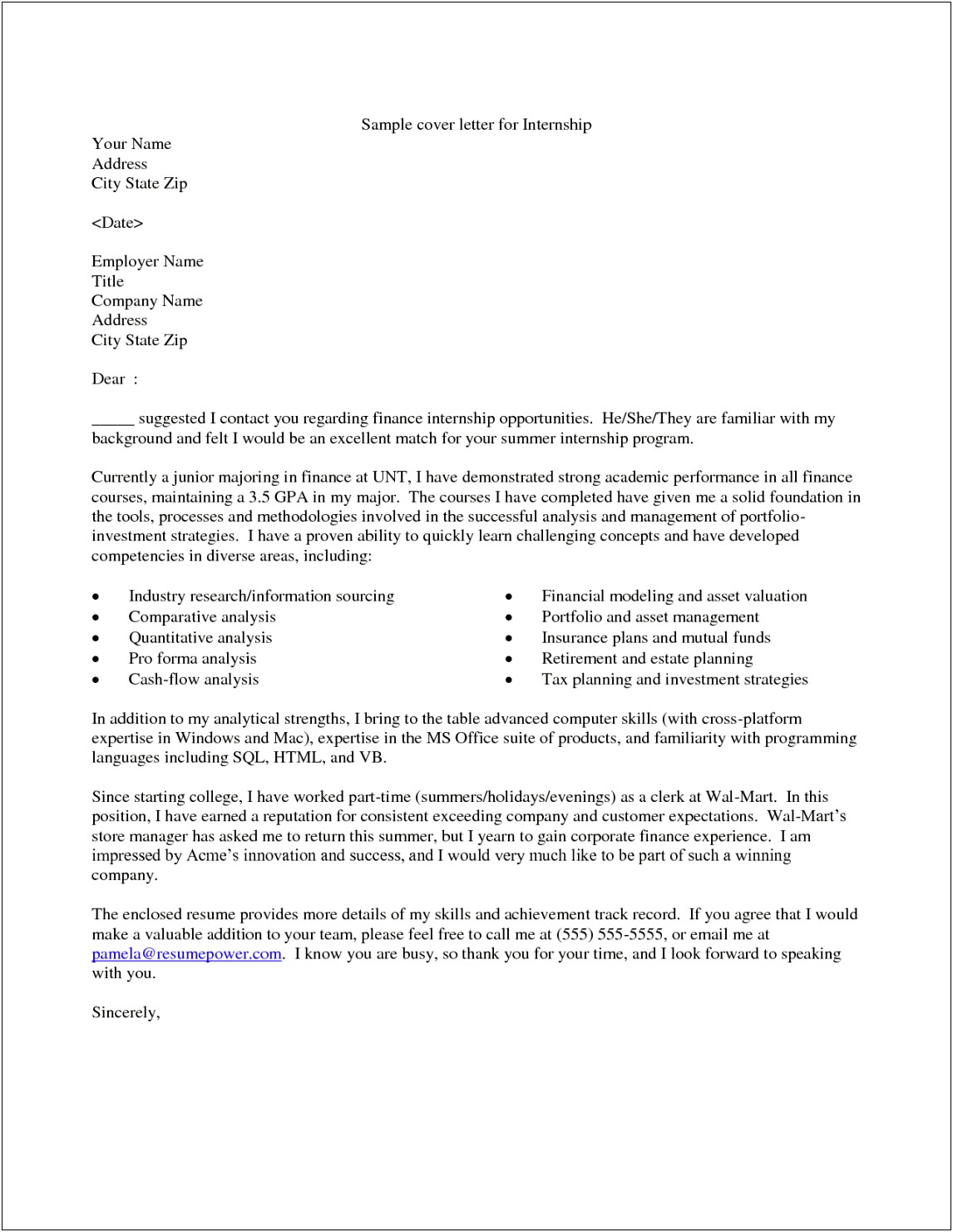 Resume Cover Letter For Intern Position