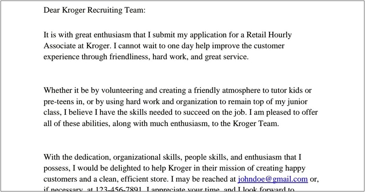 Resume Cover Letter For Kroger Company Examples