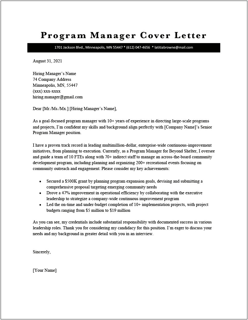 Resume Cover Letter For Leadership Position