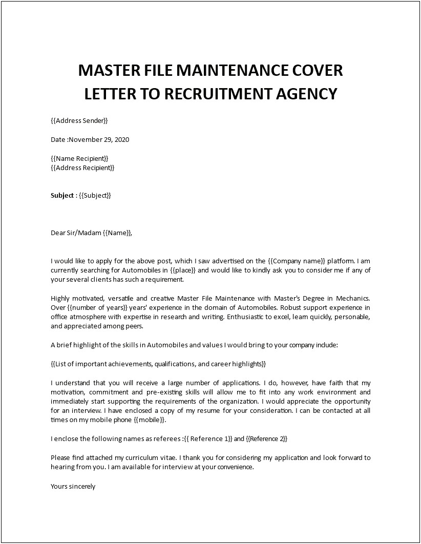 Resume Cover Letter For Maintenance Position