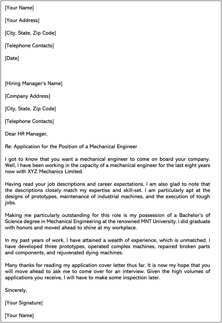 Resume Cover Letter For Mechanical Engineer