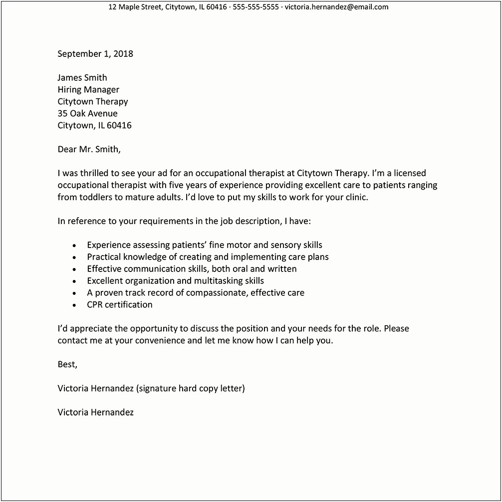 Resume Cover Letter For Occupational Therapy