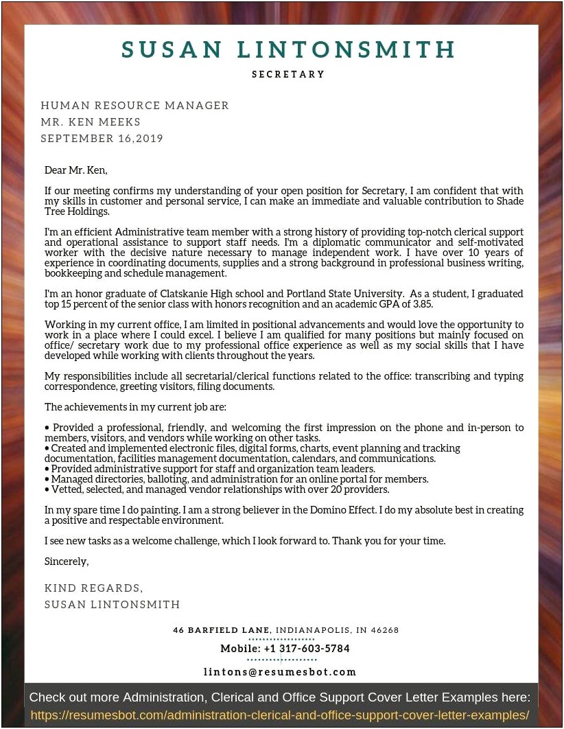 Resume Cover Letter For Secretary Job