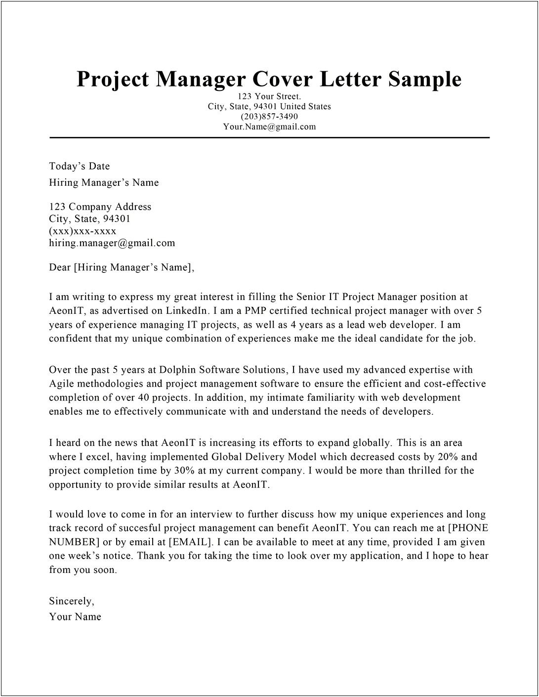 Resume Cover Letter Format Effective Technical Example