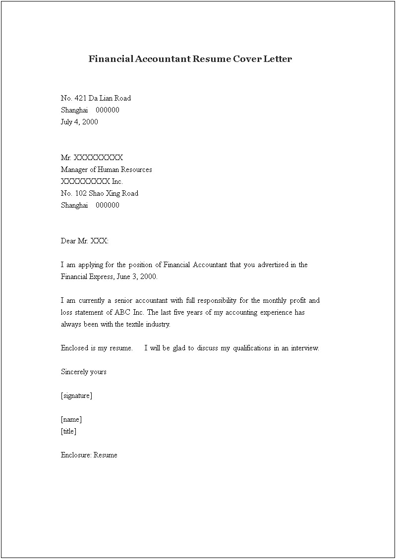 Resume Cover Letter Format For Accountant