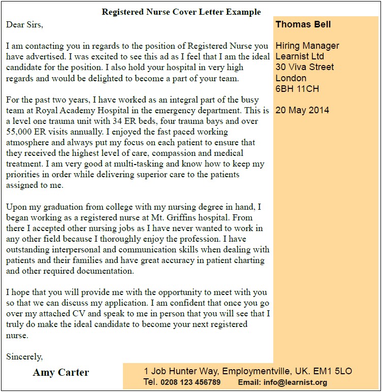 Resume Cover Letter Registered Nurse Example