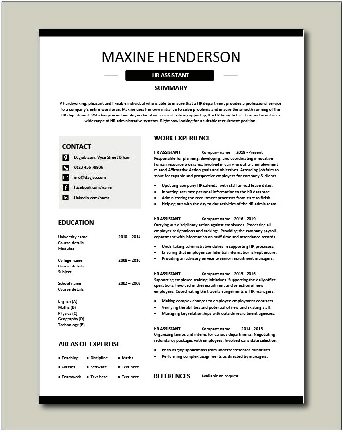 Resume Cover Letter Sample For Hr Assistant