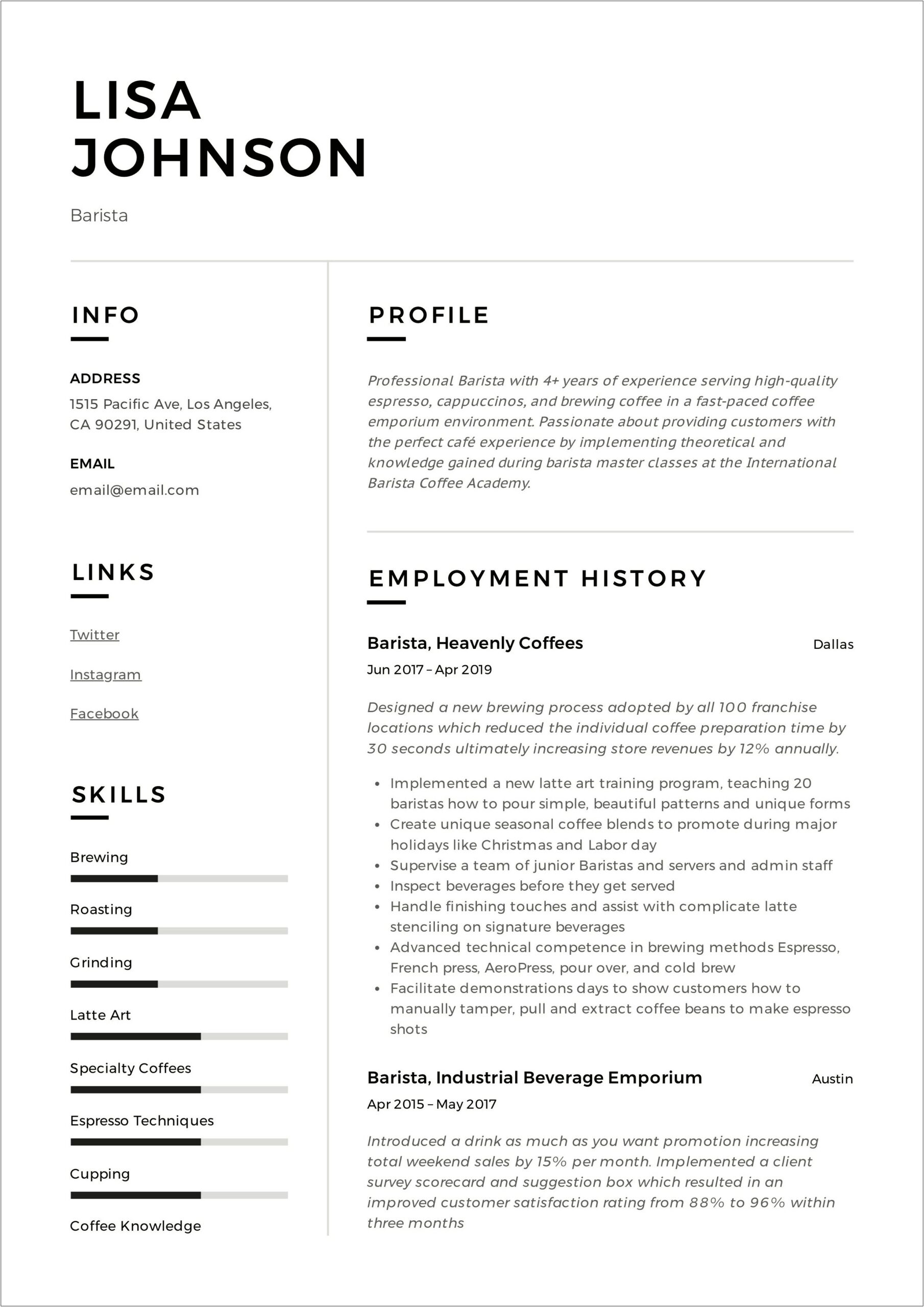 Resume Customer Service Skills Summary Barista