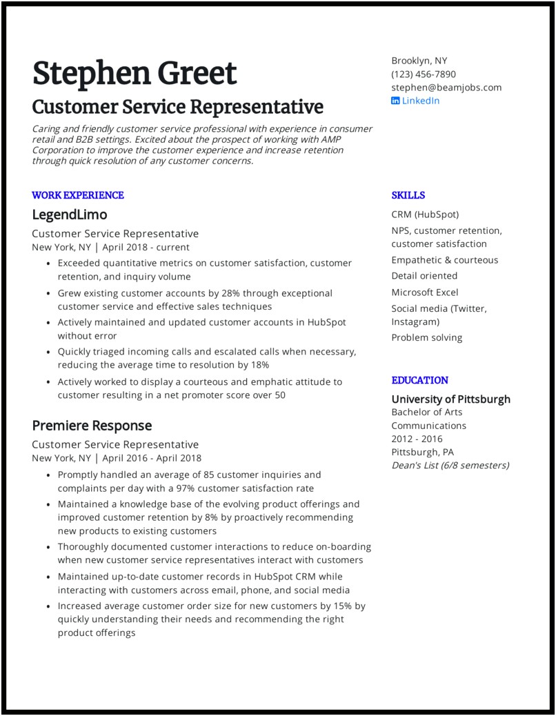 Resume Customer Service Summaries Examples