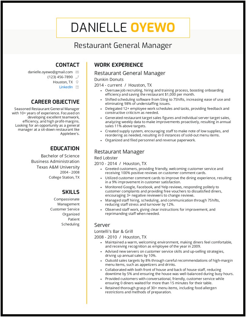 Resume De Manager Of Restaurant