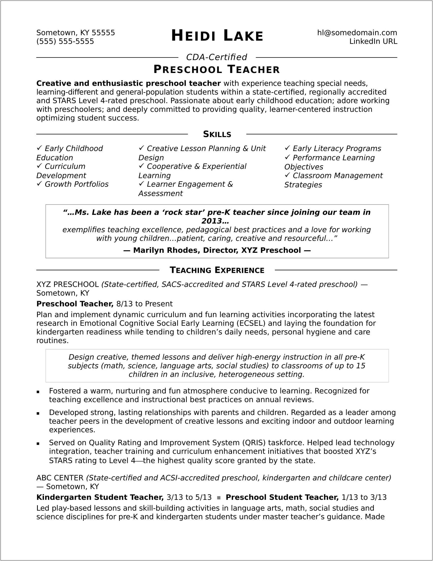Resume Description And Skill Work With Children