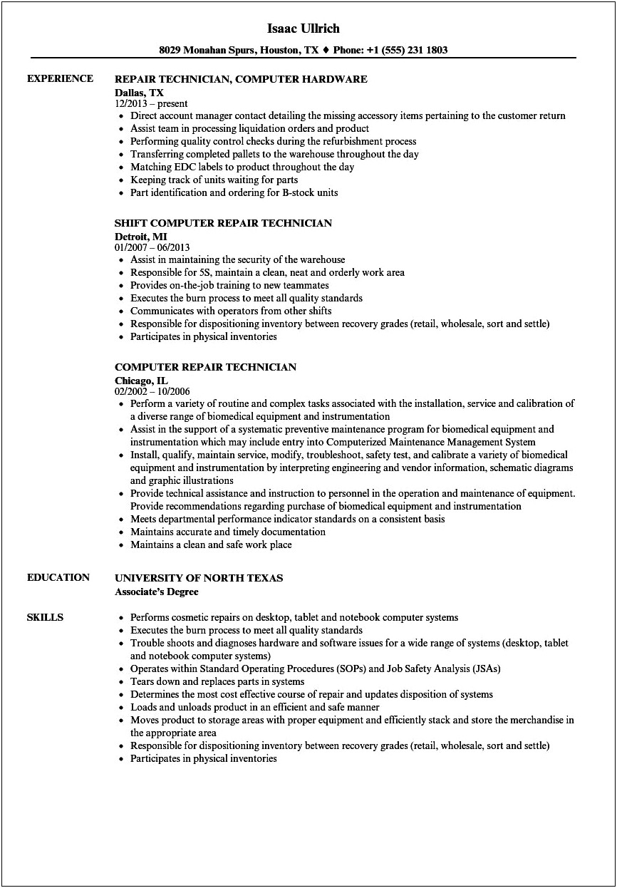 Resume Description Examples Computer Technician