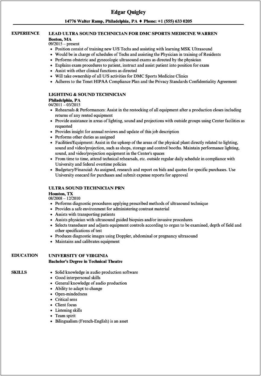 Resume Description Examples Eventide Recording Technician