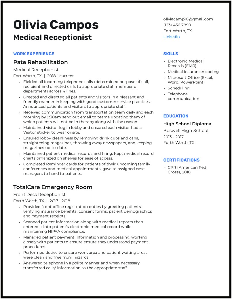 Resume Description Examples To Be A Receptionist