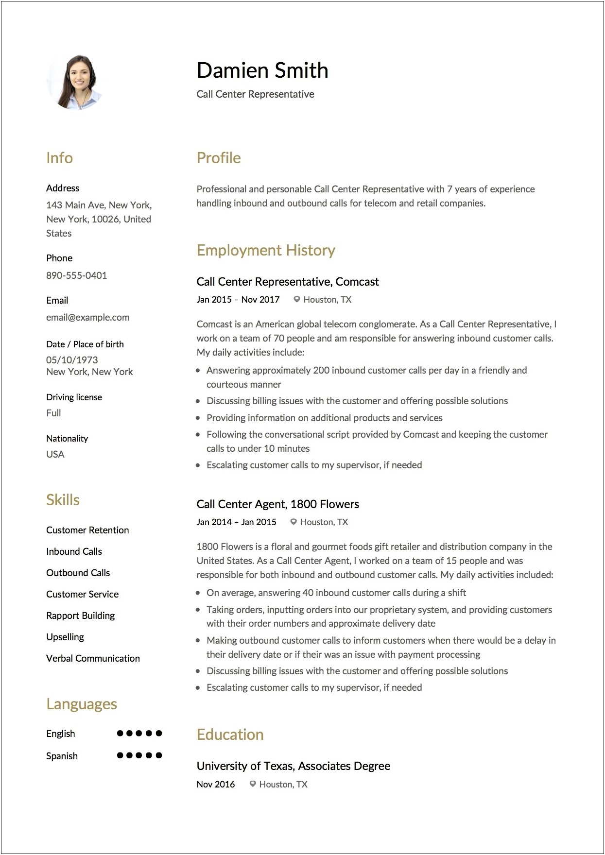 Resume Description For A Call Center Agent
