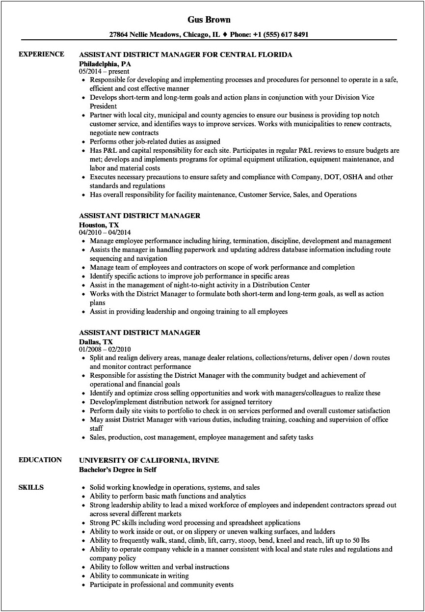 Resume Description For Assistant Manager