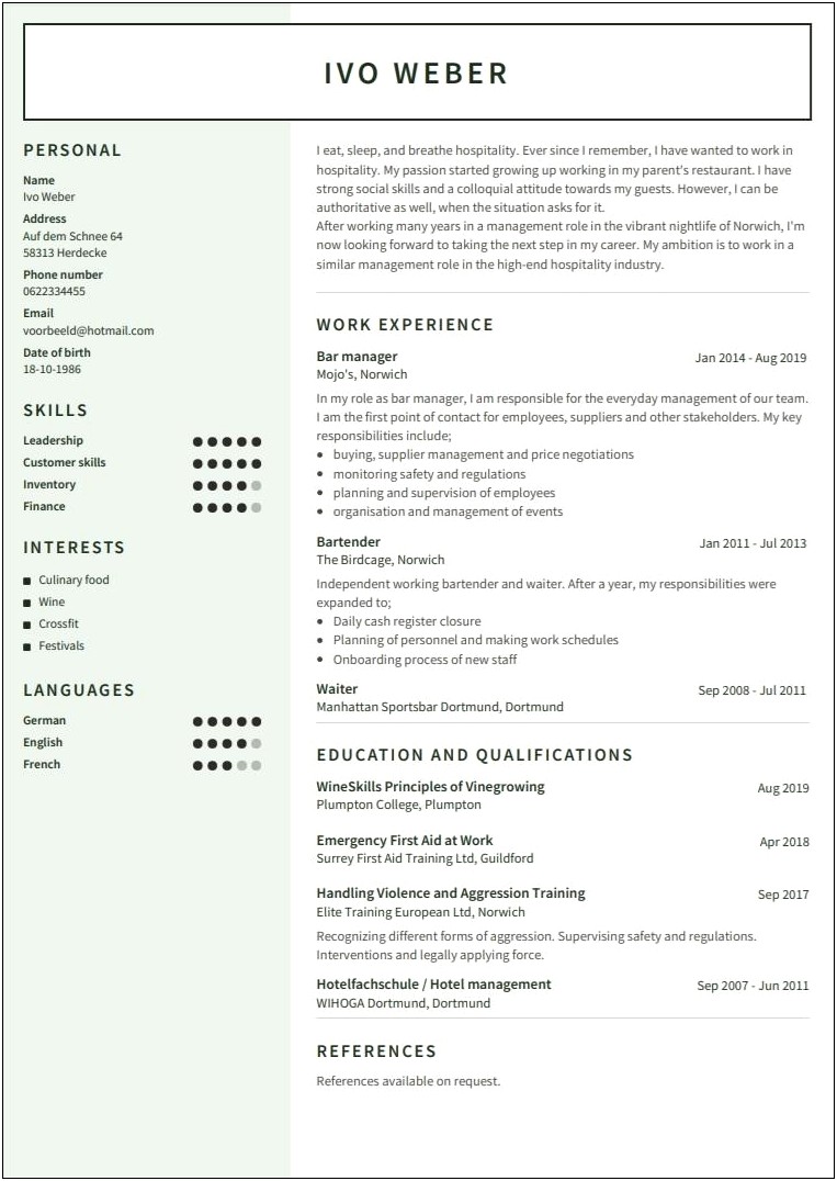 Resume Description For Bar Manager