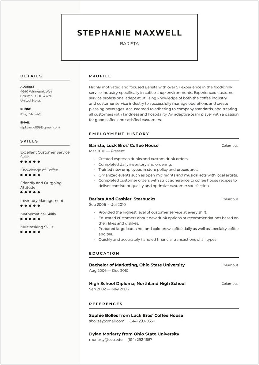 Resume Description For Barist And Customer Service
