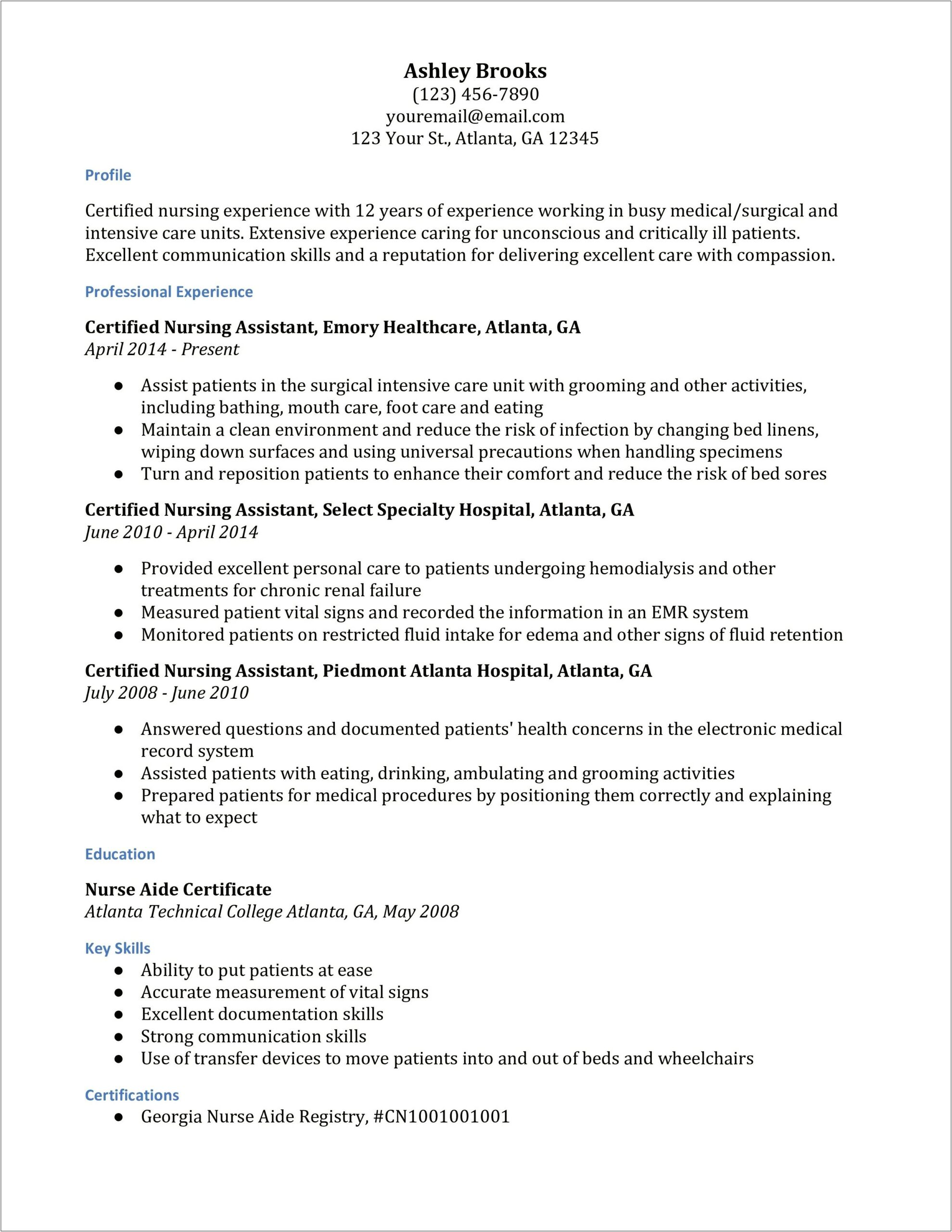 Resume Description For Certified Nursing Assistant