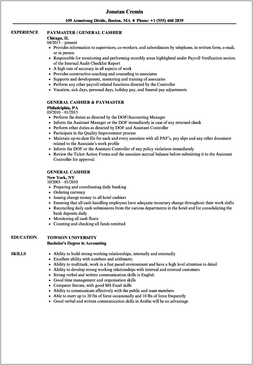 Resume Description For Counting Daily Till
