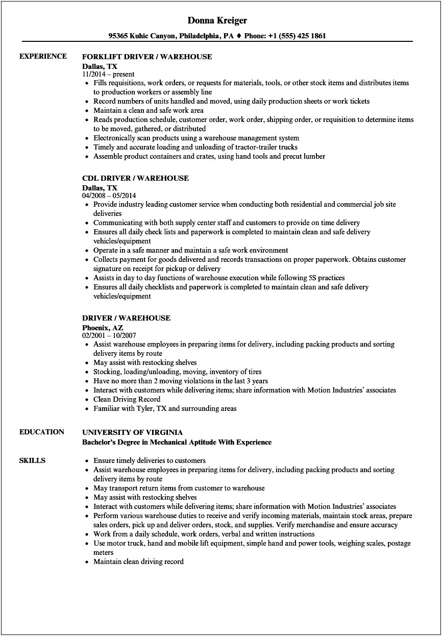Resume Description For Delivery Driver Warehouse Function