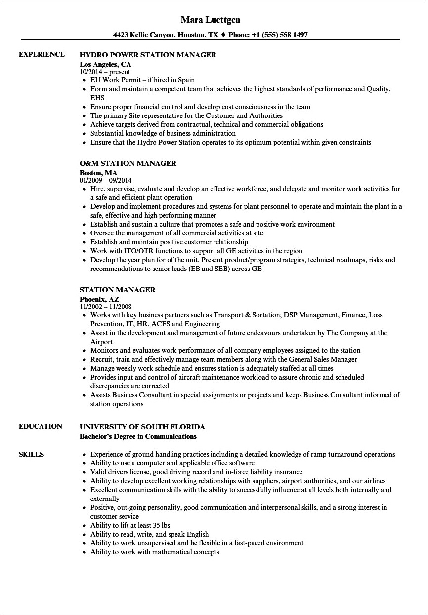 Resume Description For Gas Station Manager