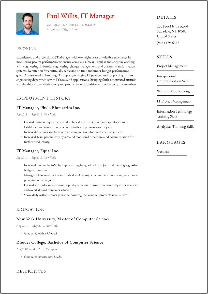 Resume Description For It Manager
