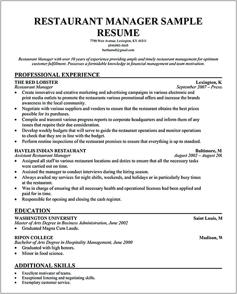 Resume Description For Managing A Restaurant