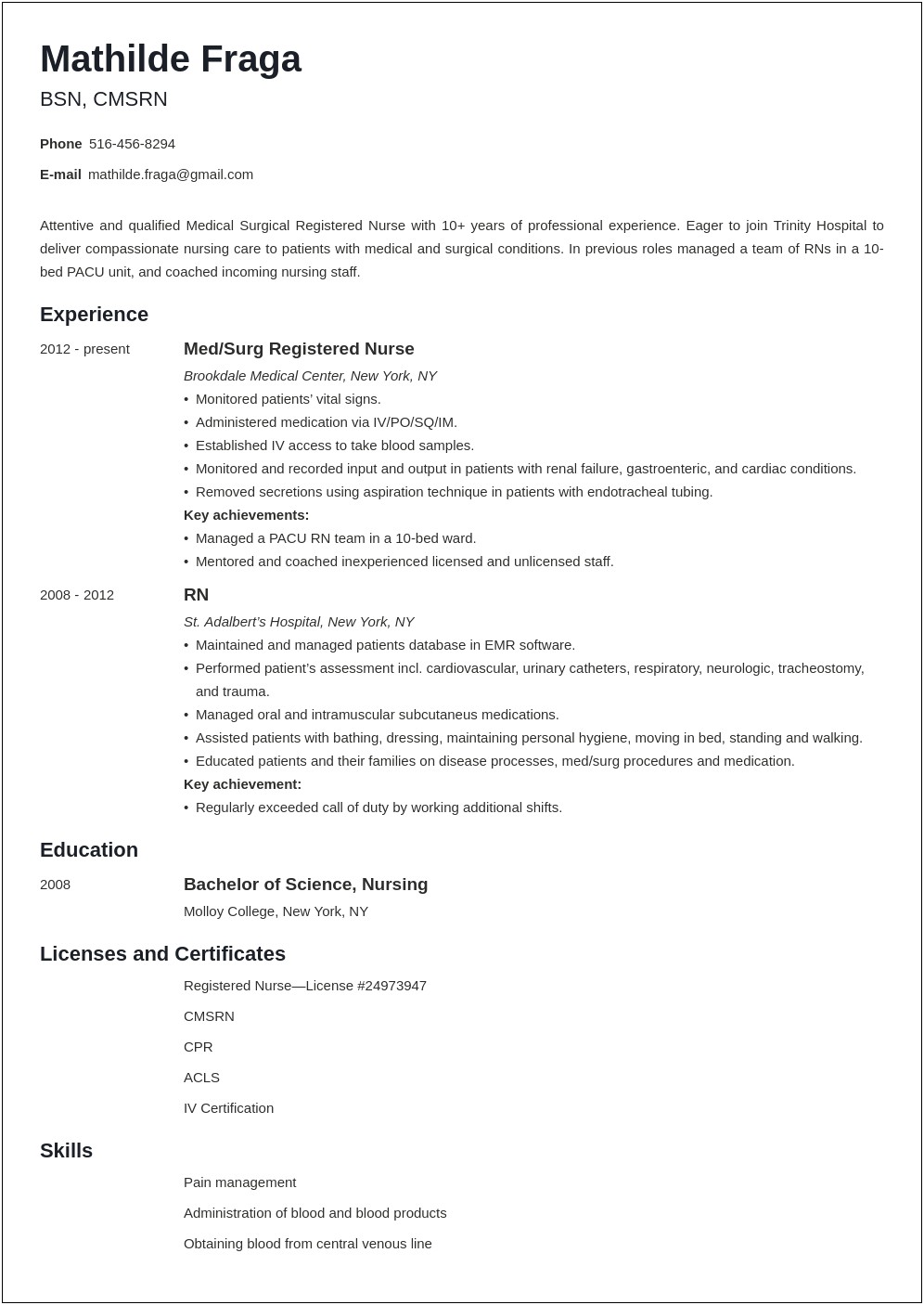 Resume Description For Med Surg Rn