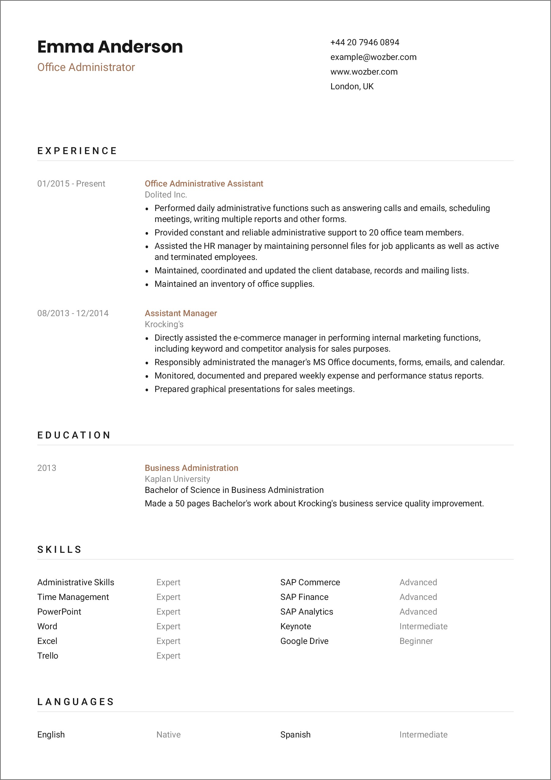 Resume Description For Office Manager