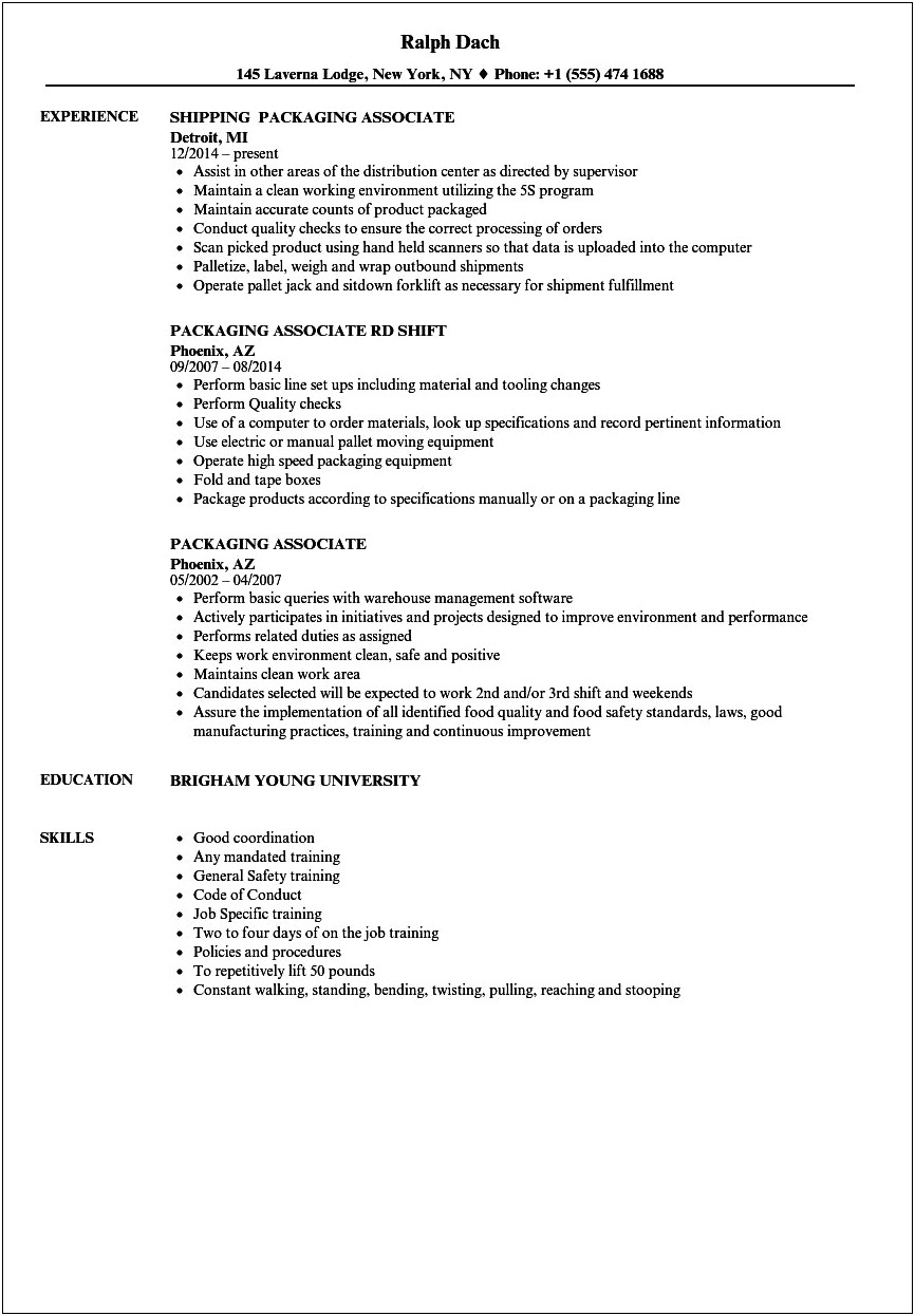 Resume Description For Picking And Packing