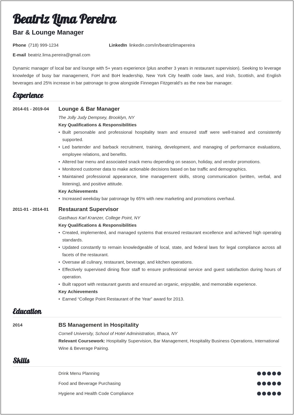 Resume Description For Server Manager