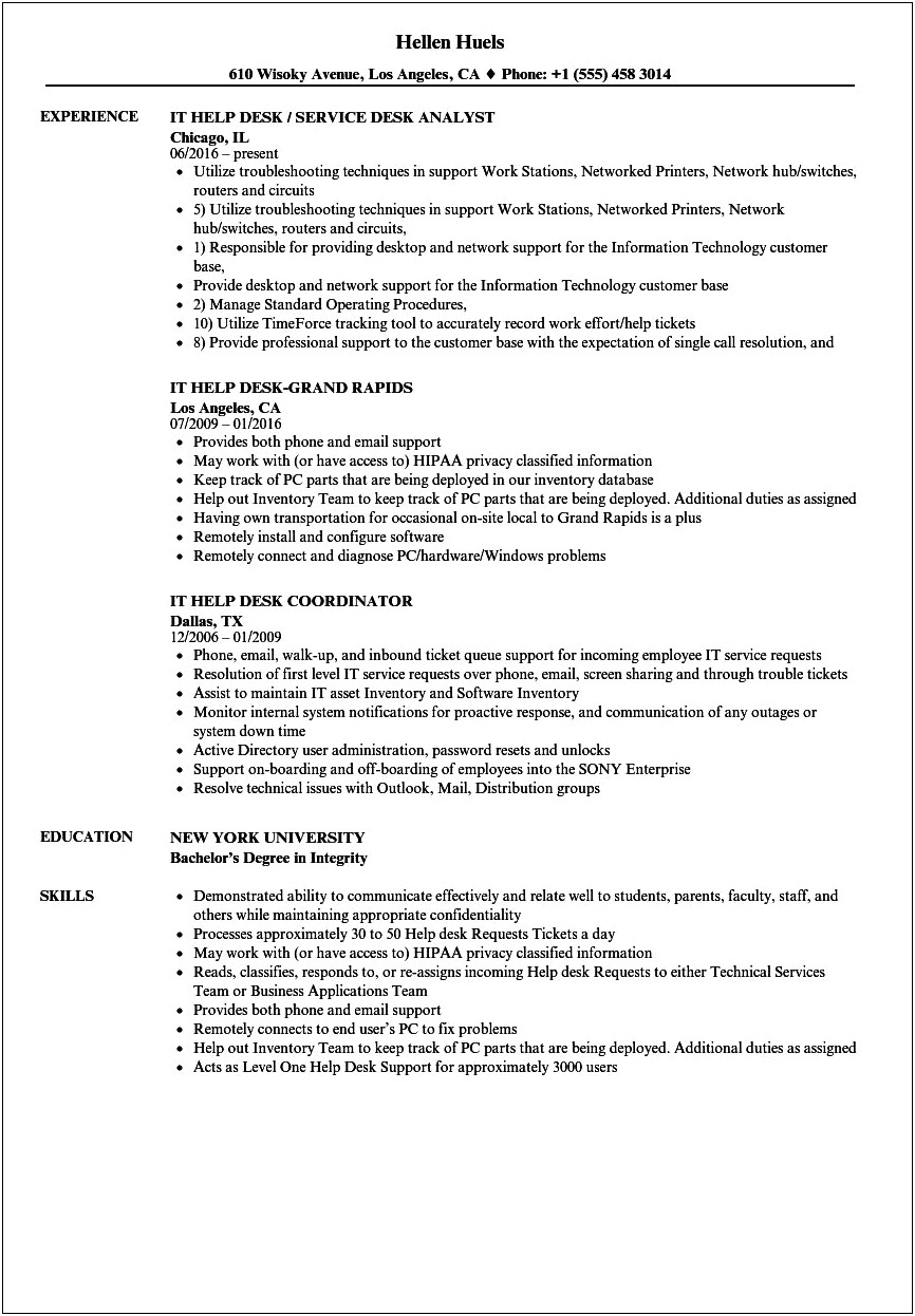 Resume Description For Service Desk Attendant