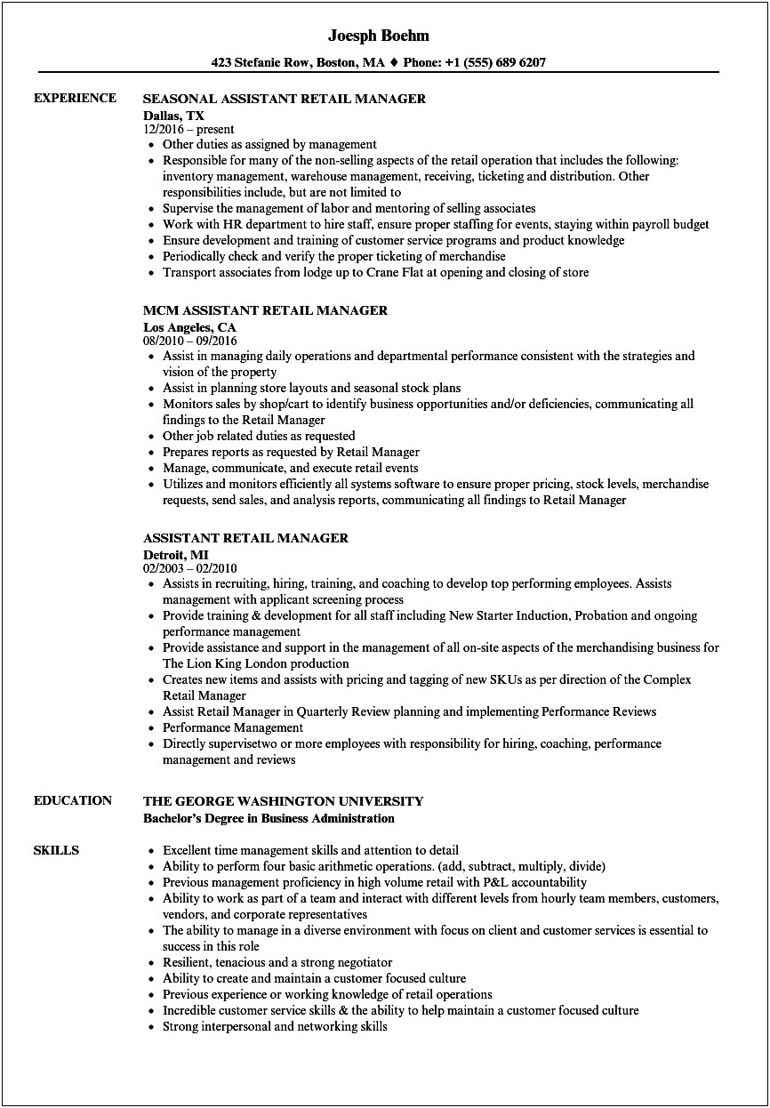 Resume Description For Store Manager