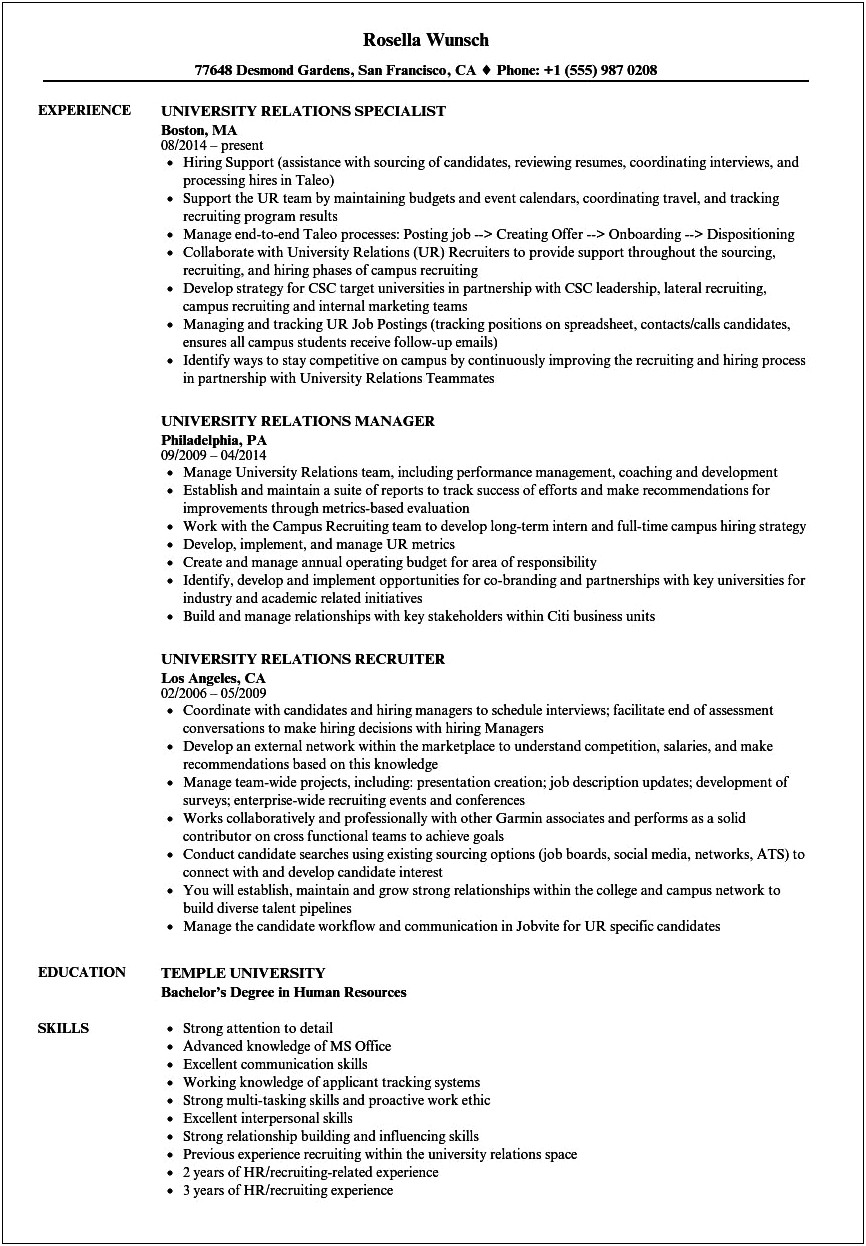 Resume Description For University Relations Recruiter