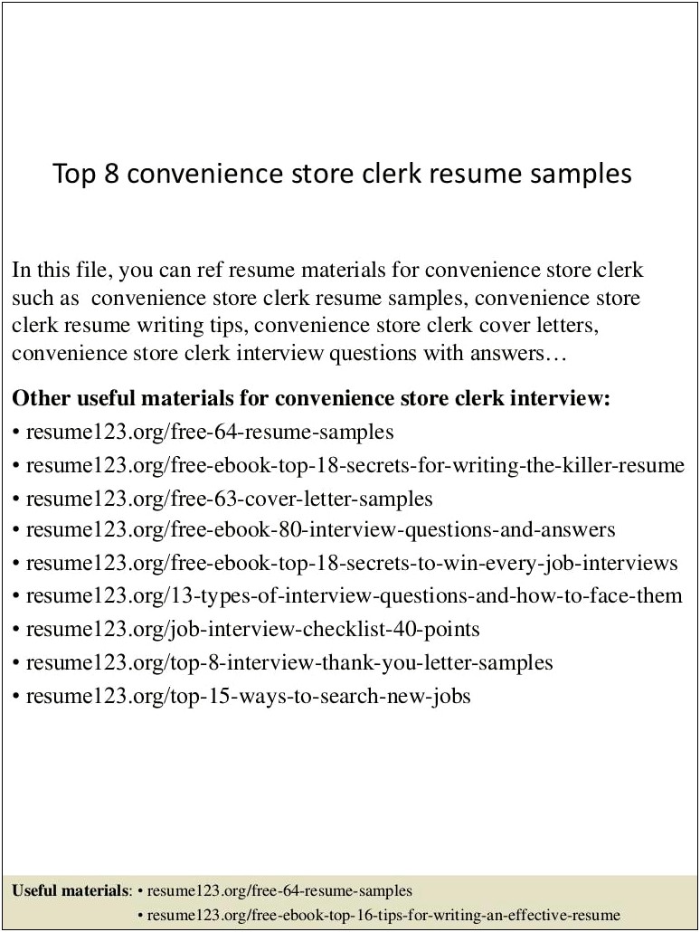 Resume Description Of C Store Clerk