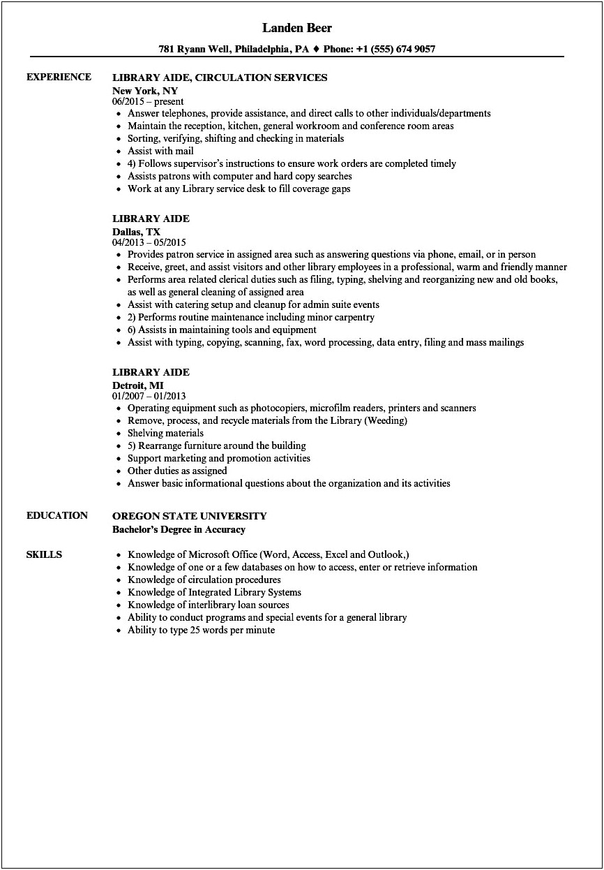 Resume Description Of Circulation Assistant For Library