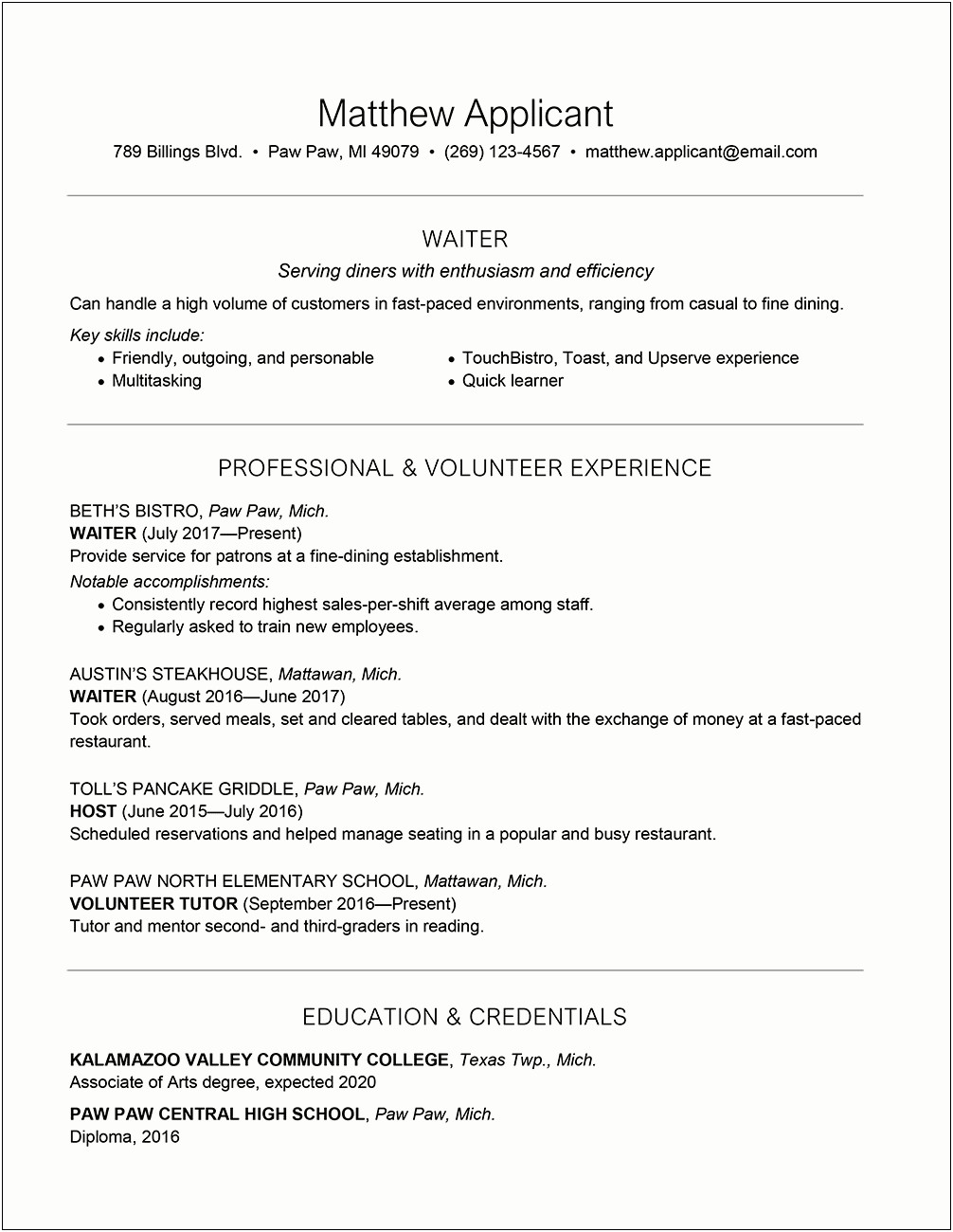 Resume Description Of Serving Job