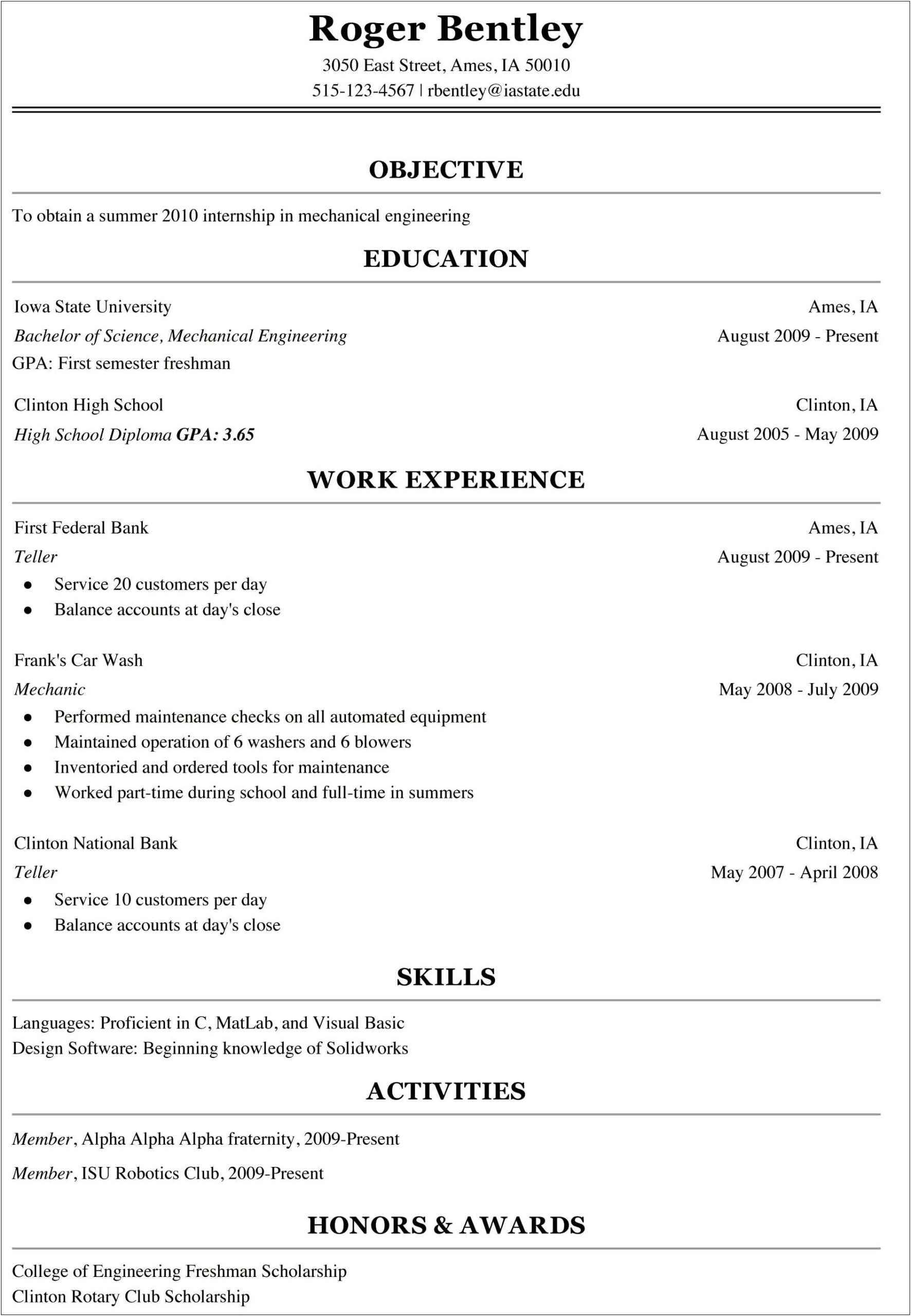 Resume Education Examples For Freshmen College Students