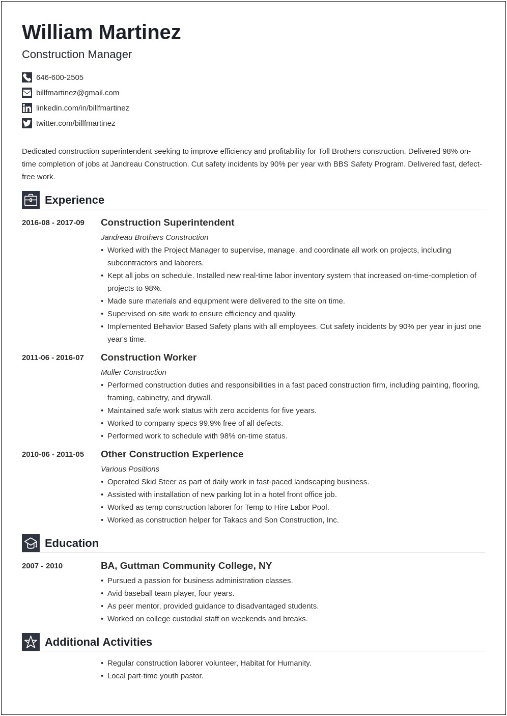 Resume Education Objective References Employment Construction