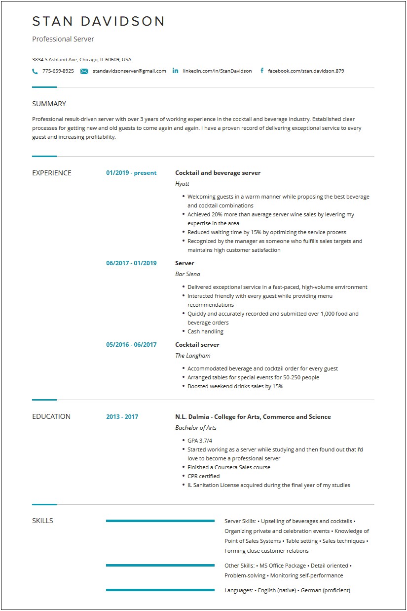 Resume Example 2017 For Servers
