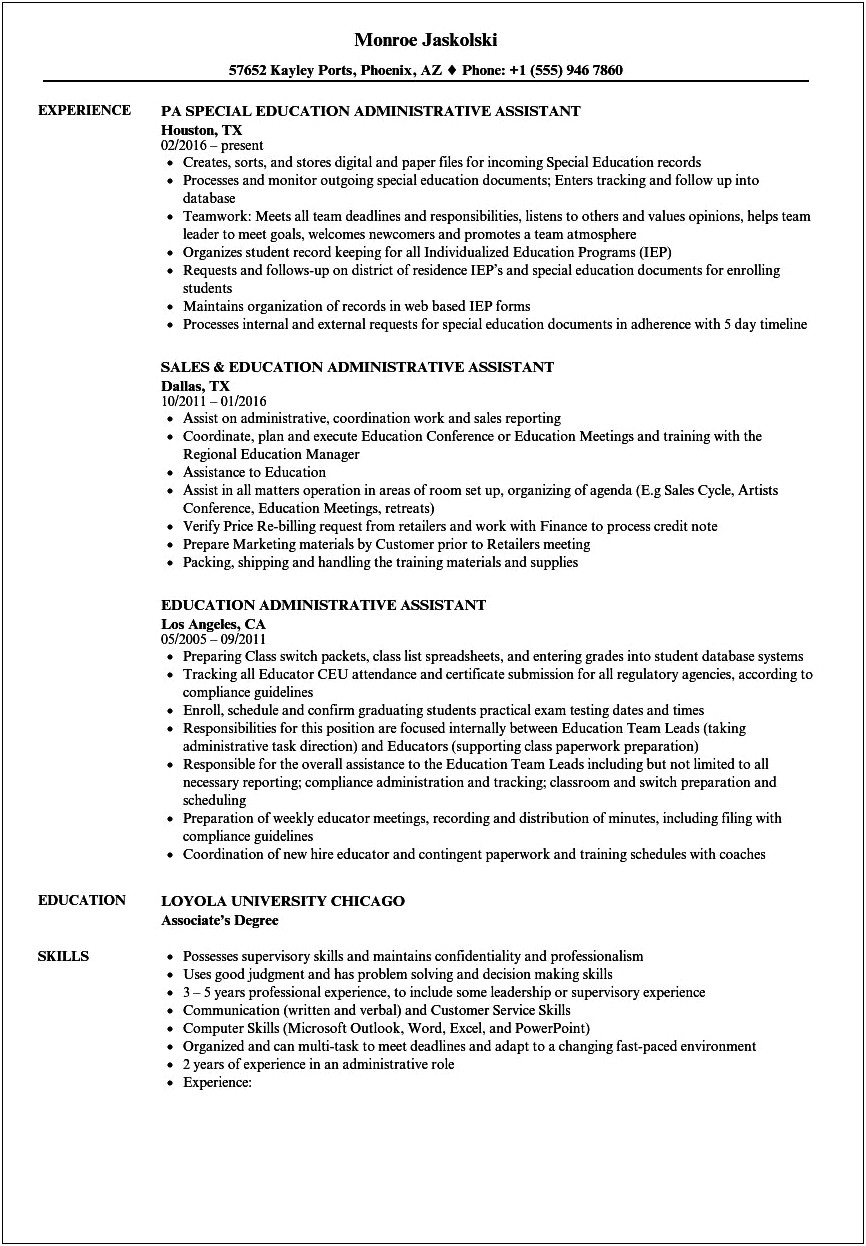 Resume Example Administrative Assistant In Early Childhood