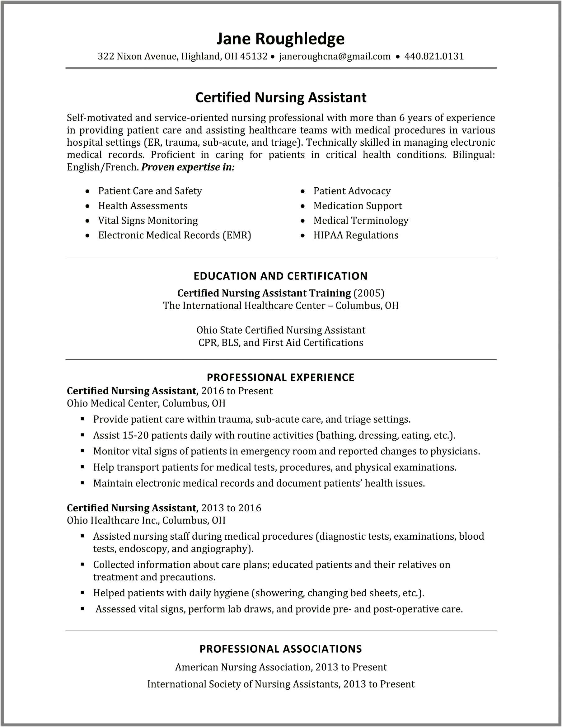 Resume Example Certified Nurse Assistant