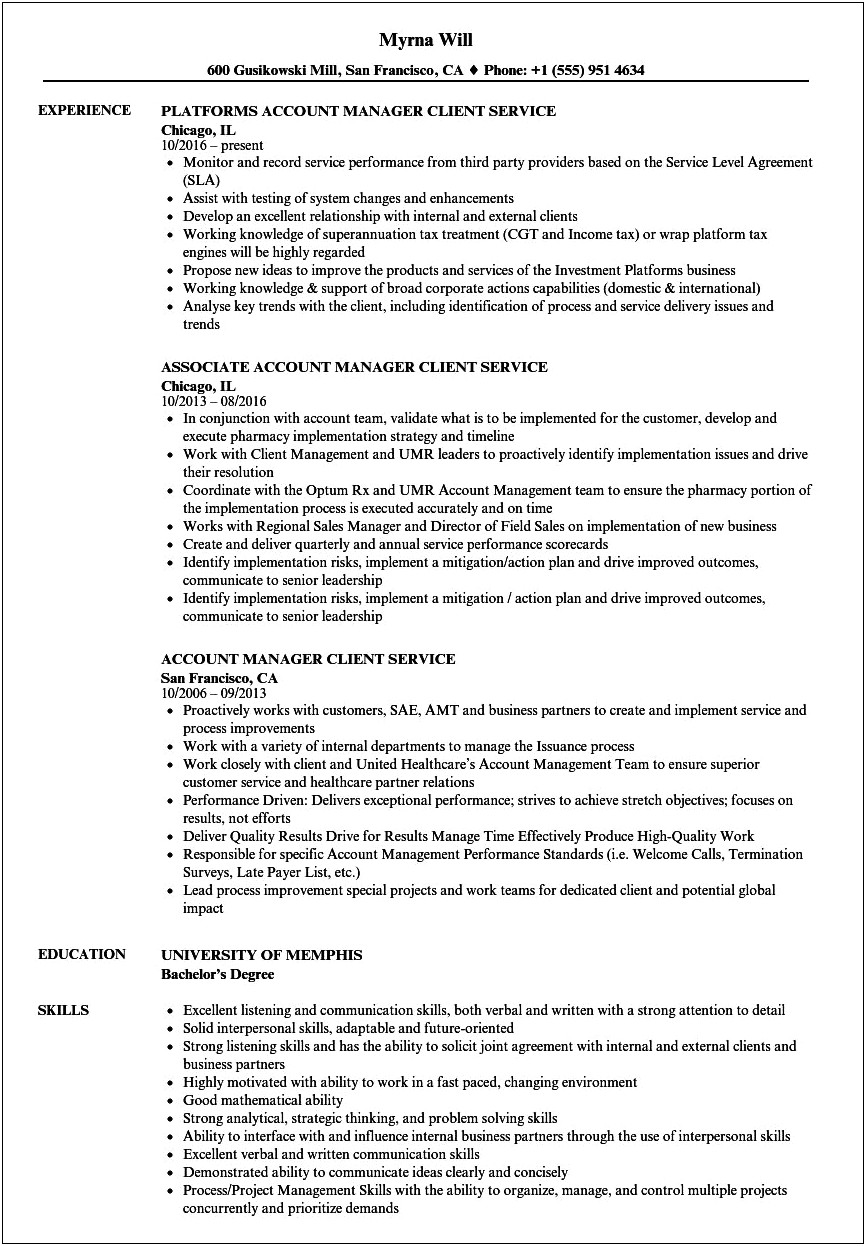 Resume Example Client Manager Benefits 2019