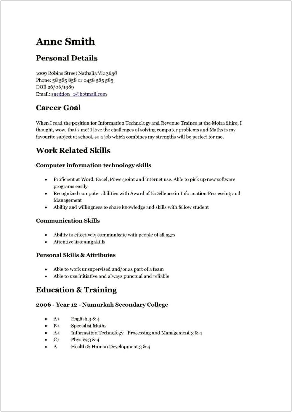 Resume Example For A 15 Year Old