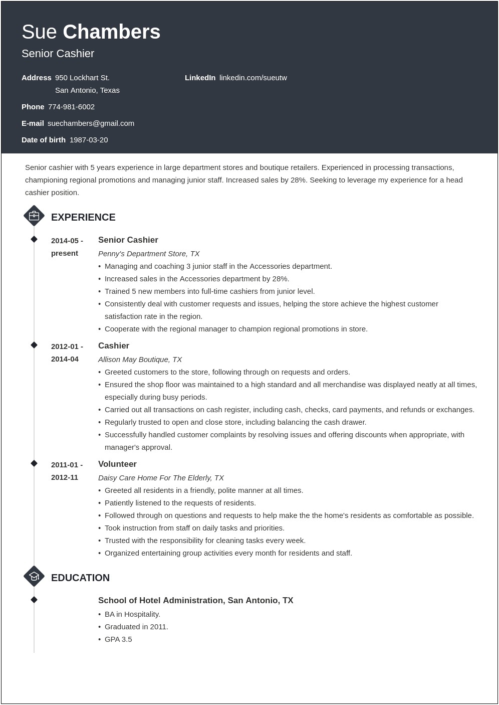 Resume Example For A Cachier