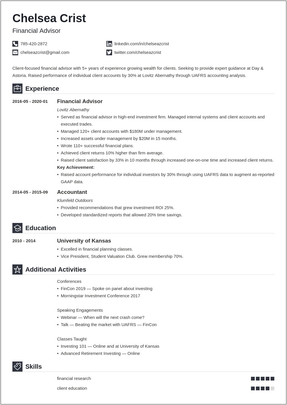 Resume Example For A Financial Advisor Objective