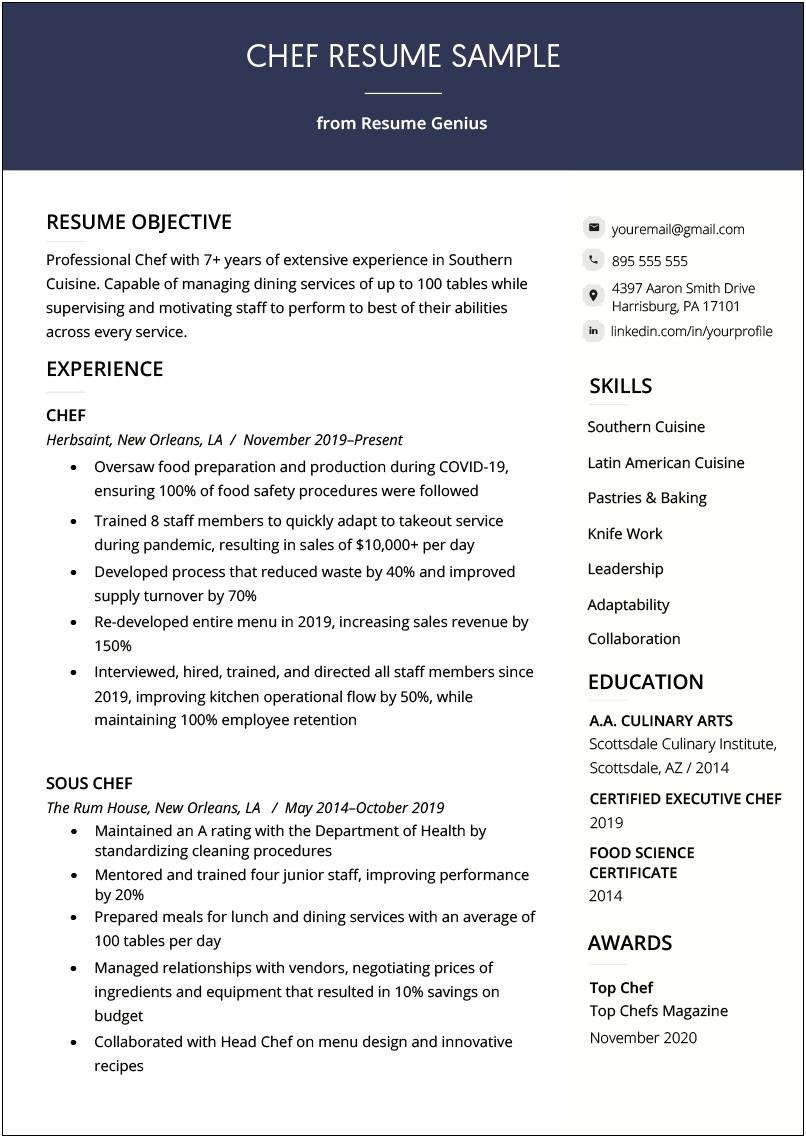 Resume Example For A Professional Chef