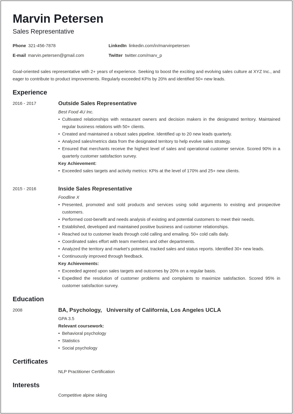 Resume Example For A Sales Representative