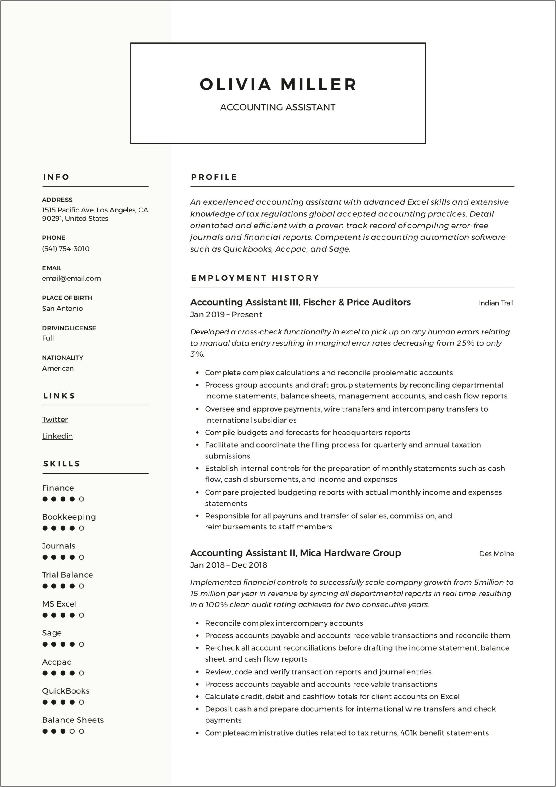 Resume Example For An Accountant Assistant
